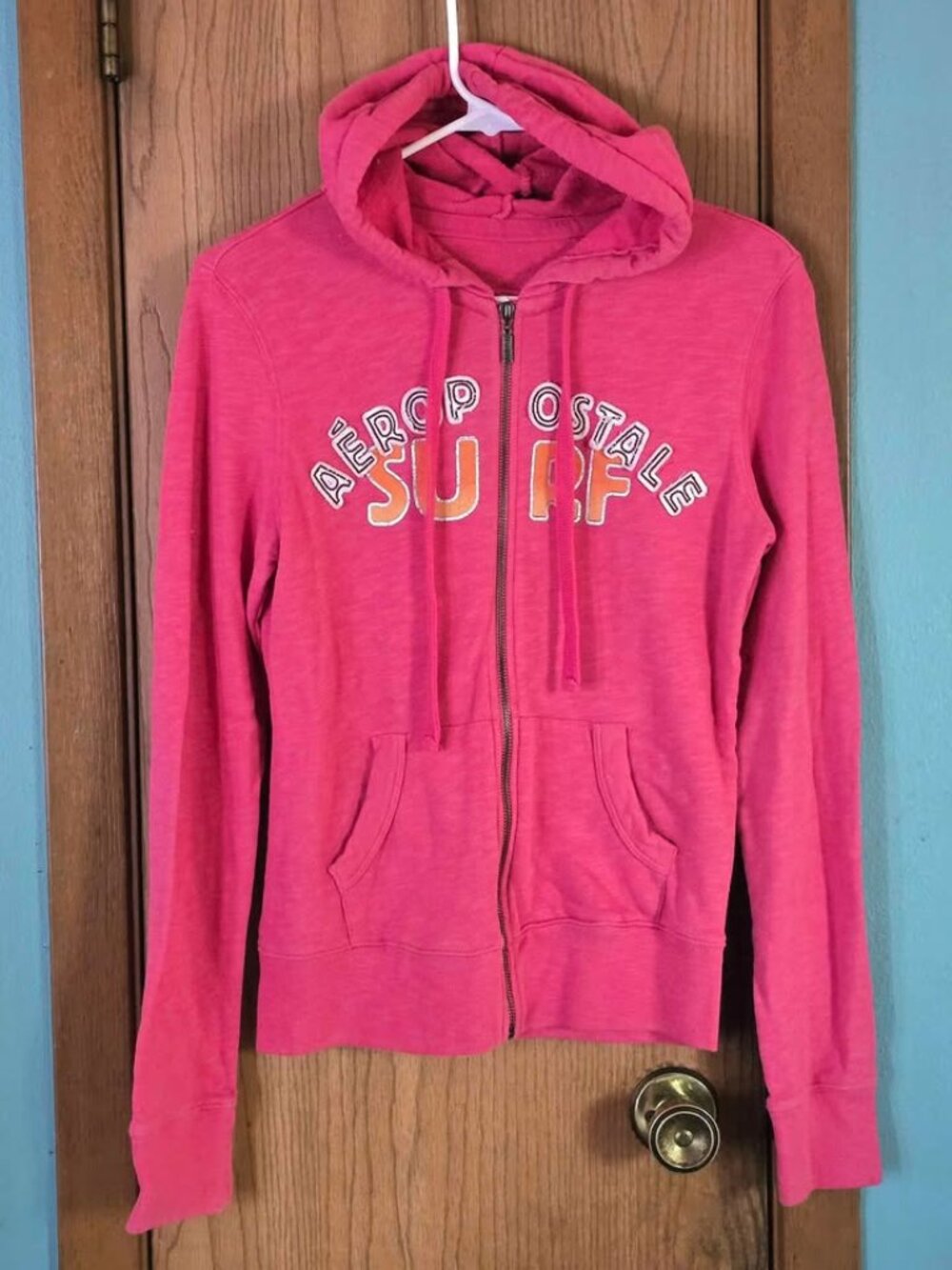 M Pink, White & Orange Zip Up Aeropostale Surf Hoodie with Pockets - Has Spots
